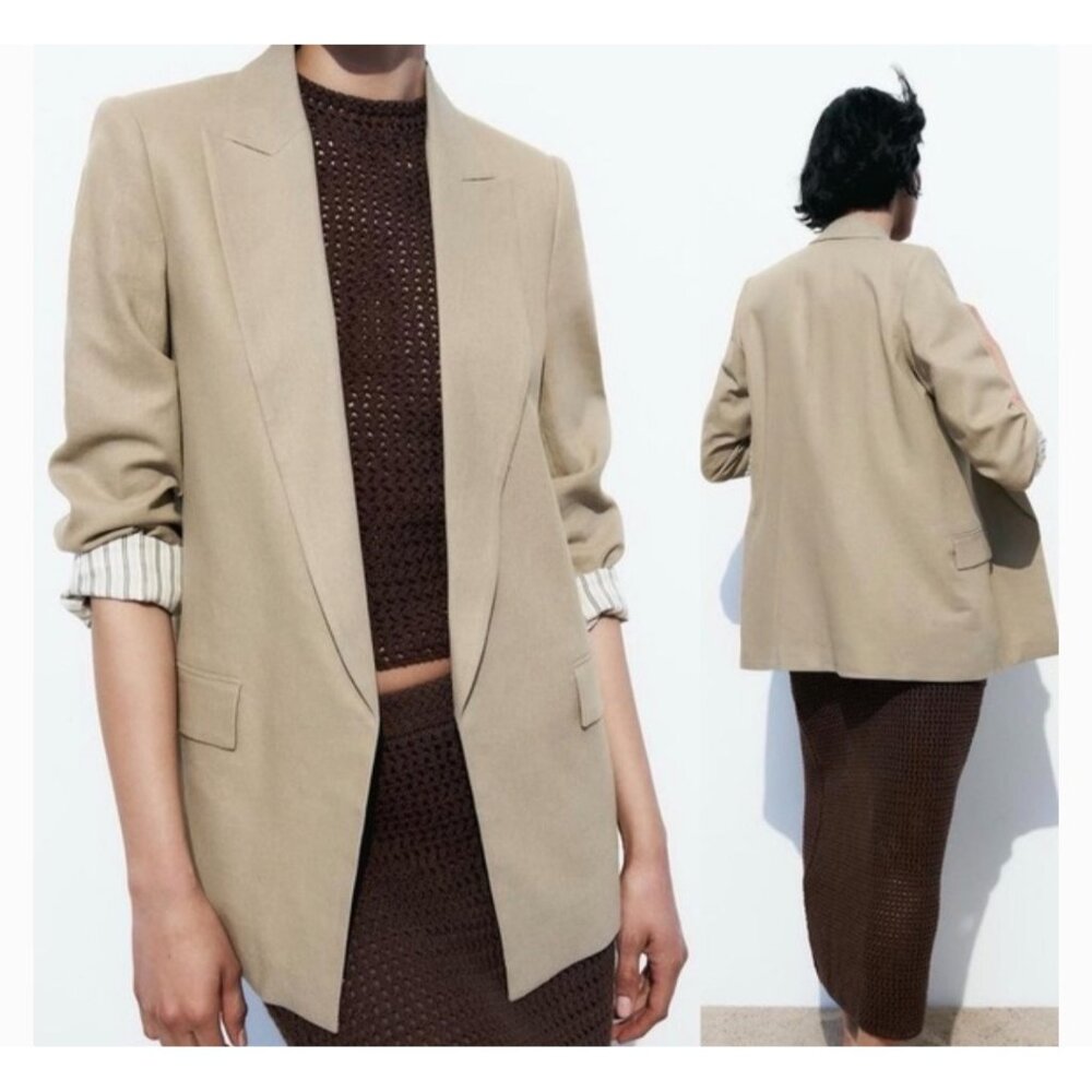 Zara Linen Padded Shoulders Blazer Notched Collar Long Sleeve Lined Flap Pockets